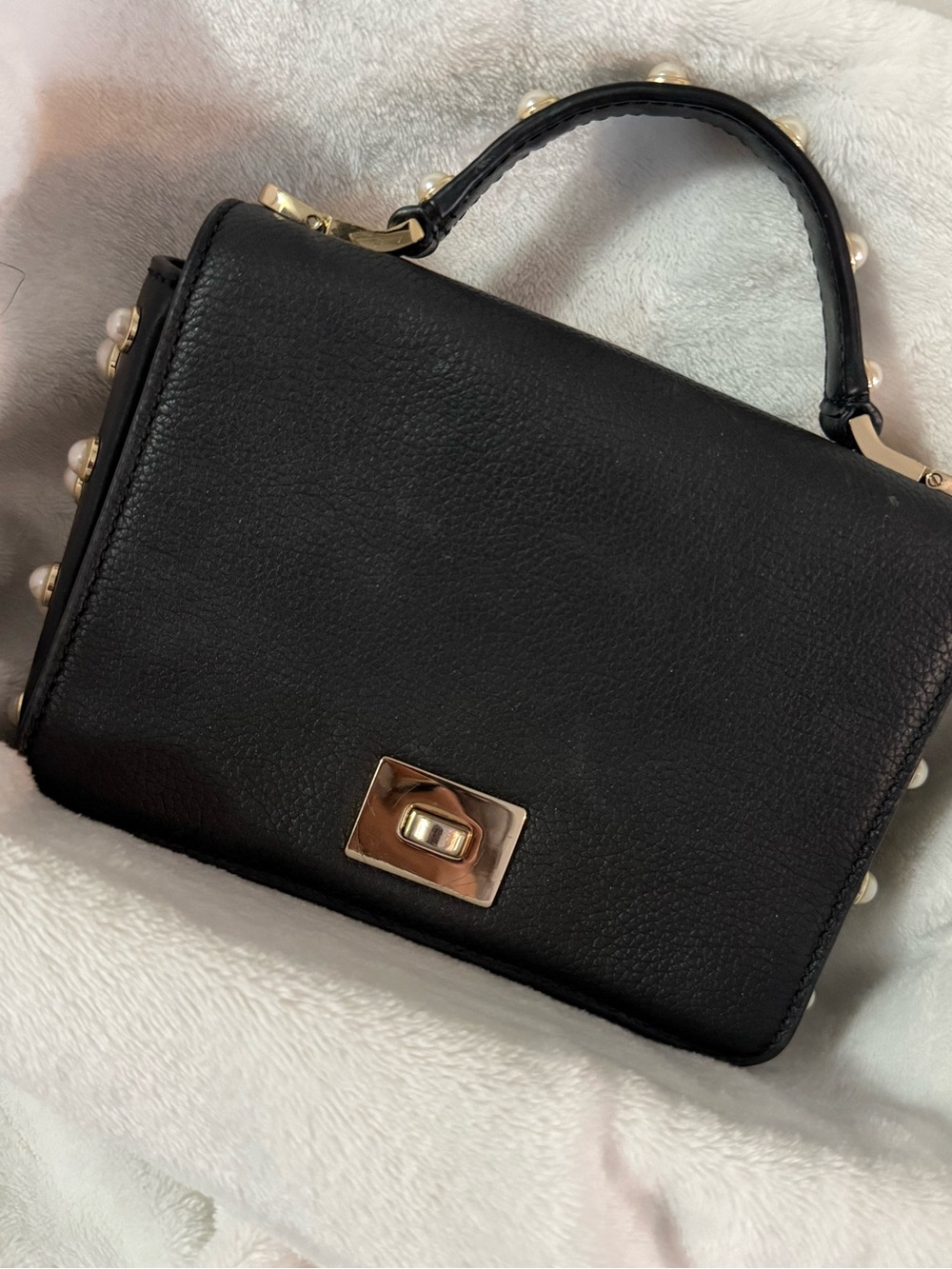 Kate Spade New York Black Pearl Studded Leather Satchel Top Handle Bag - Picture 2 of 4